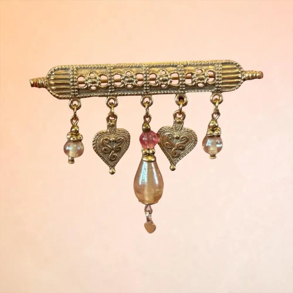 Vintage 1928 Romantic Heart Dangle Brooch Pink Pearl Gold Bar Pin